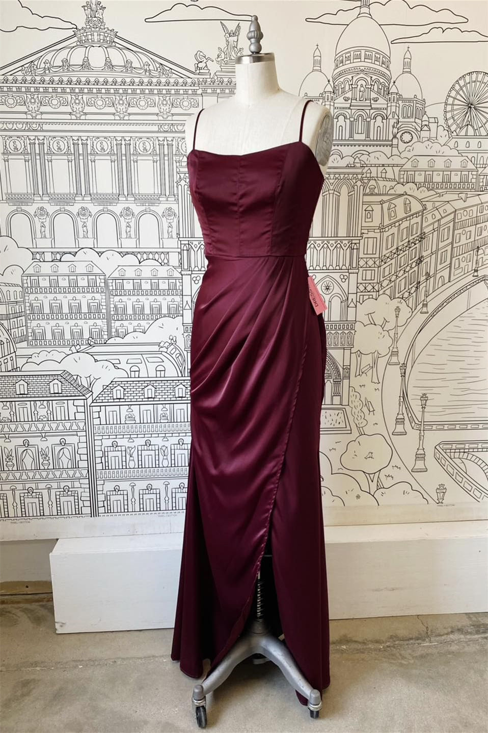Prom Dresses Ball Gown Style, Sheath Spaghetti Straps Satin Long Bridesmaid Dress with Slit