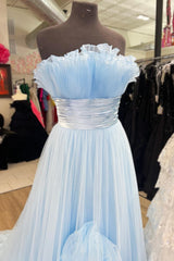 Prom Dresses Affordable, Sky Blue Strapless Ruffled Empire Tulle Long Prom Dress