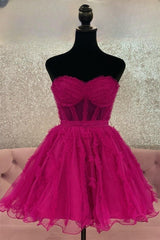 Prom Dresses2032, Fuchsia Strapless Tulle Ruffles A-line Homecoming Dress