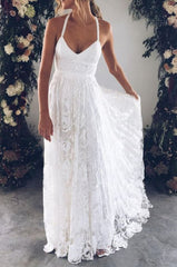 Wedding Dresses Designer, Charming Ivory Lace A Line Spaghetti Straps Backless Side Slit Beach Wedding Dresses
