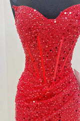 Bridesmaid Dresses Fall Colors, Red Sequin Strapless Mini Homecoming Dress