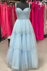 Evening Dress Gowns, Light Blue Sweetheart Beaded Straps Multi-Layers Long Prom Dress
