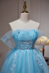 Party Dress Shop Near Me, Blue Off The Shoulder Beading Appliques Tulle Short Homecoming Dresses