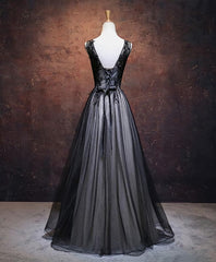 Elegant Gown, Black V Neck Tulle Lace Applique Long Prom Dress, Black Evening Dress, 1