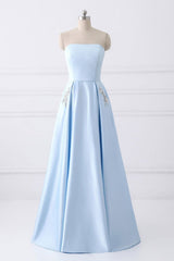 Party Dresses For Teenage Girl, Light Blue A Line Floor Length Strapless Sleeveless Lace Up Prom Dresses