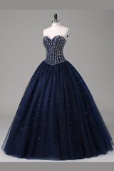 Party Dress Dress, Navy Blue Ball Gown Floor Length Sweetheart Sleeveless Mid Back Prom Dresses