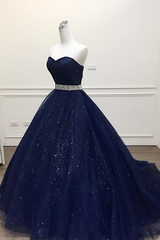 Party Dresses Styles, Navy Blue Ball Gown Court Train Sleeveless Mid Back Sparkle Prom Dresses