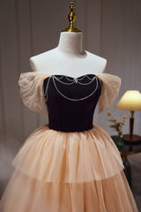 Party Dress Shop, Champagne Off The Shoulder Evening Gown A Line Tulle Long Prom Dresses