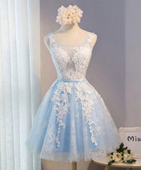 Formal Dresses Winter, Blue V Neck Tulle Short Prom Dress, Blue Homecoming Dress