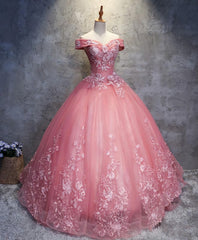 Floral Dress, Pink Tulle Lace Off Shoulder Long Prom Dress, Pink Tulle Evening Dress, 1