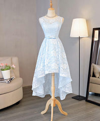 Bridesmaid Dresses Vintage, Light Blue Lace High Low Prom Dress, Homecoming Dress