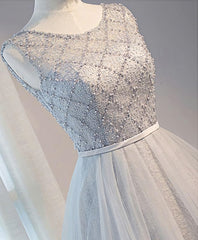 Bridesmaid Dress Fall Colors, Gray Tulle Beads Short Prom Dress, Gray Homecoming Dress
