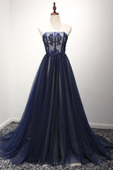 Party Dress Dress Up, Navy A Line Sweep Train Straight Sleeveless Mid Back Lace Up Prom Dresses