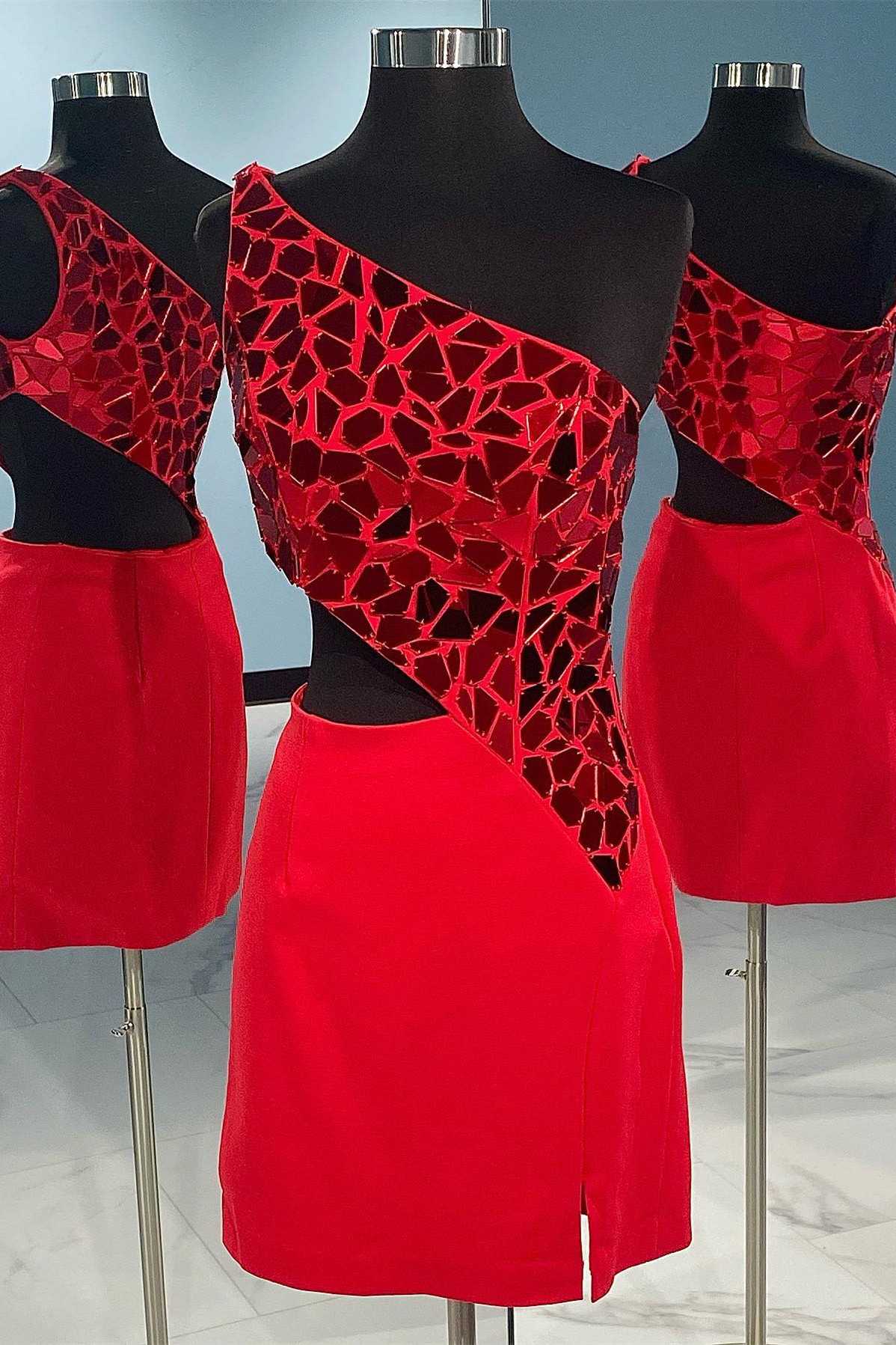 Bridesmaid Dresses Beach Weddings, Red Cut Glass Mirror One-Shoulder Cutout Homecoming Dress