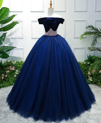 Bridesmaid Dress Websites, Dark Blue Tulle Off Shoulder Long Prom Dress, Blue Sweet 16 Dress