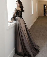 Evening Dresses Gown, Black Tulle A Line Lace Long Prom Dress, Tulle Lace Formal Dress