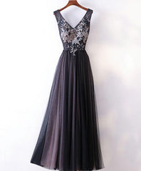 Satin Bridesmaid Dress, Black V Neck Lace Applique Tulle Long Prom Dress, Black Evening Dress