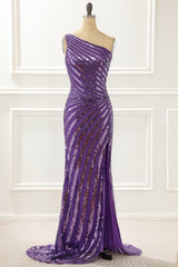 Prom Dresses Long Light Blue, One Shoulder Purple Sequin Prom Dress with Slit