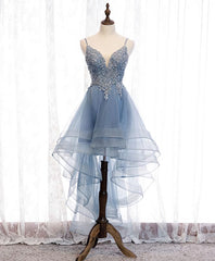Formal Dress For Girls, Blue Sweetheart Tulle Lace High Low Prom Dress, Blue Homecoming Dress