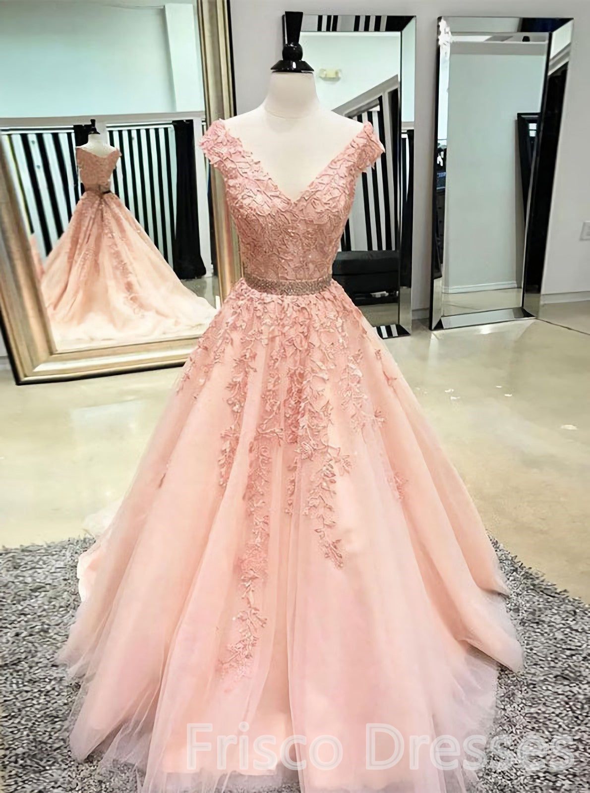 Bridesmaids Dresses Websites, Pink Sleeveless V Neck Tulle Lace Applique Long Prom Dresses