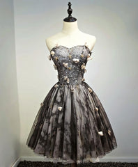 Evening Dresses V Neck, Black Lace Tulle Short Prom Dress, Black Homecoming Dress