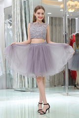 Homecoming Dresses Long, 2 Piece Gray Tulle Short Suit Skirt With Lace Homecoming Dresses
