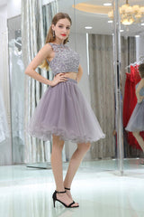 Homecoming Dress Short, 2 Piece Gray Tulle Short Suit Skirt With Lace Homecoming Dresses