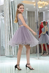 Homecoming Dresses Short, 2 Piece Gray Tulle Short Suit Skirt With Lace Homecoming Dresses