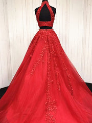 Prom Dresses Gown, 2 Pieces Pink Red Lace Prom Dresses, Two Pieces Pink Red Tulle Lace Formal Evening Dresses
