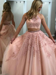 Prom Dress Gowns, 2 Pieces Pink Red Lace Prom Dresses, Two Pieces Pink Red Tulle Lace Formal Evening Dresses