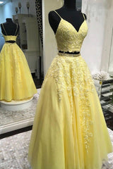 Prom Dresses Navy, Yellow Lace Long Prom Dresses, Two Pieces Evening Dresses