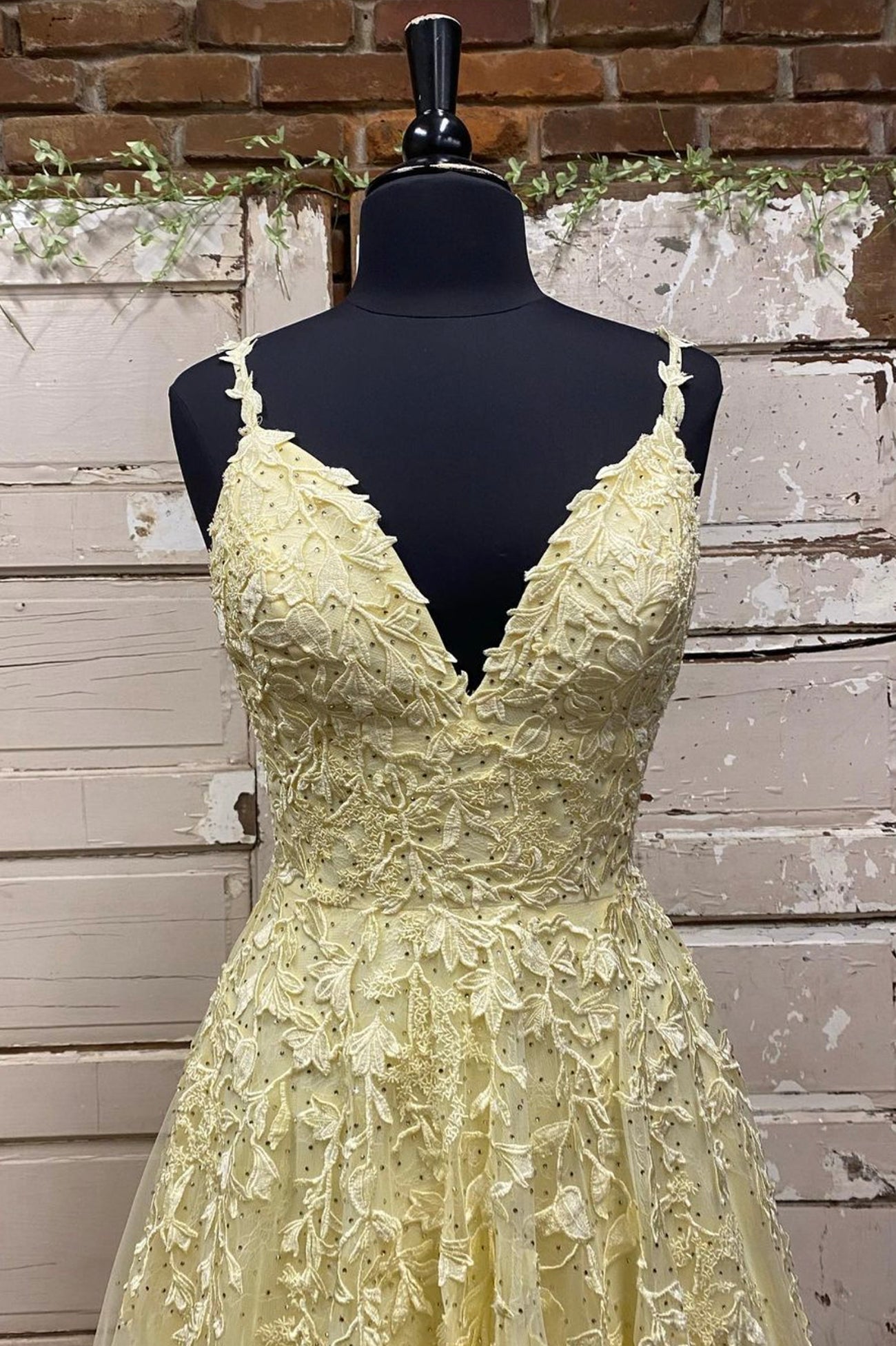 Prom Dresses Pieces, Yellow V-Neck Lace Long Prom Dress, A-Line Evening Dress