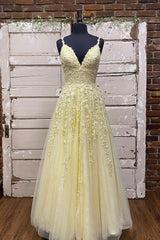 Prom Dress Piece, Yellow V-Neck Lace Long Prom Dress, A-Line Evening Dress