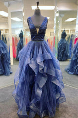 Prom Dresse Two Piece, Blue Tulle Beading Long Prom Dresses, A-Line Two Pieces Evening Dresses