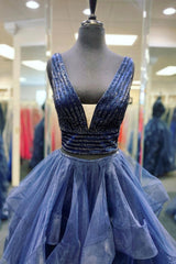 Prom Dresses Two Pieces, Blue Tulle Beading Long Prom Dresses, A-Line Two Pieces Evening Dresses
