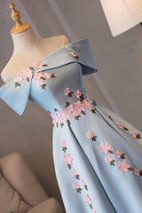 Bridesmaids Dress Under 113, Blue Satin Off the Shoulder Prom Dresses, A-Line Homecoming Dresses