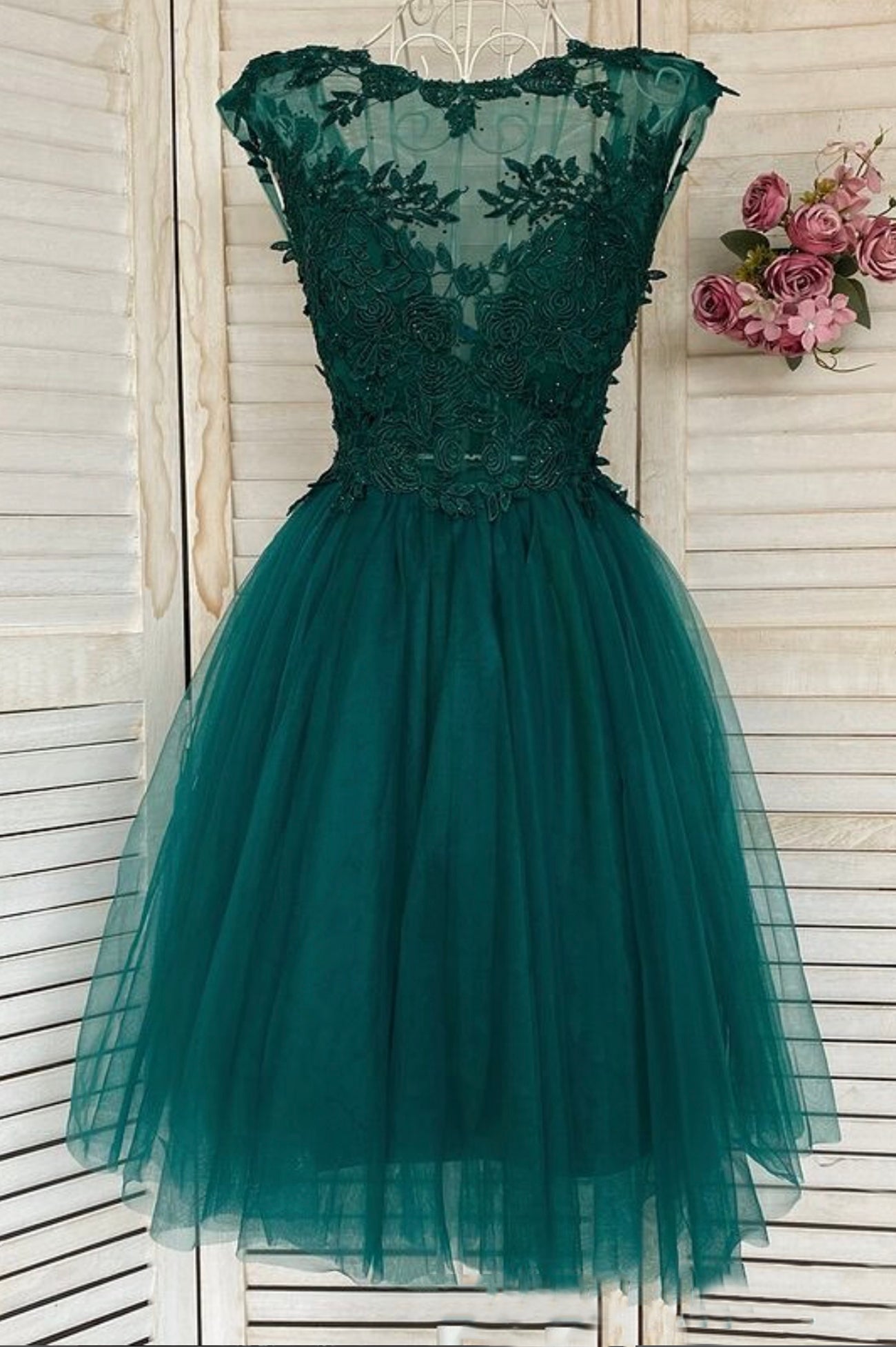 Winter Formal Dress Short, Green Lace Short Prom Dress, A-Line Homecoming Dress