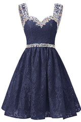 Evening Dresses Long, Gorgeous A Line Straps Knee Length Lace With Beading Homecoming Dresses
