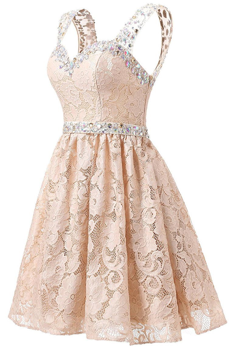 Evening Dresses Online, Gorgeous A Line Straps Knee Length Lace With Beading Homecoming Dresses