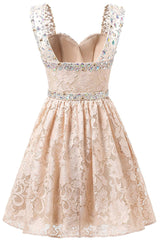 Evening Dresses Online Shopping, Gorgeous A Line Straps Knee Length Lace With Beading Homecoming Dresses