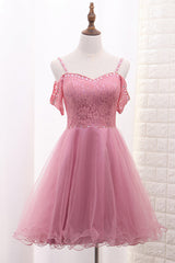 Bridesmaid Dresses Earth Tones, Chic Tulle Lace Spaghetti Strap With Beading Homecoming Dresses