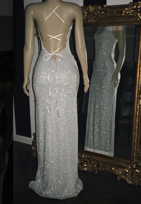 Green Bridesmaid Dress, 2024 White Halter Sequins Prom Dresses