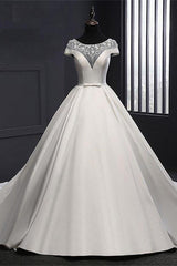 Wedding Dress Rustic, Chic Round Neck Lace Satin Short Sleeves Long Ball Gown Wedding Dresses