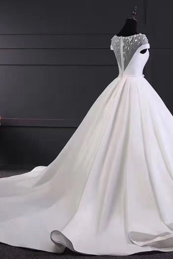 Wedding Dresses Uk, Chic Round Neck Lace Satin Short Sleeves Long Ball Gown Wedding Dresses