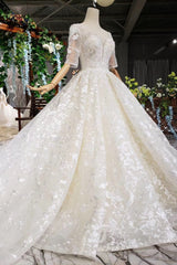 Weddings Dresses Simple, Luxury Lace Wedding Dresses Scoop Half Sleeves Appliques Ball Gown