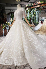 Wedding Dress Simpl, Luxury Lace Wedding Dresses Scoop Half Sleeves Appliques Ball Gown