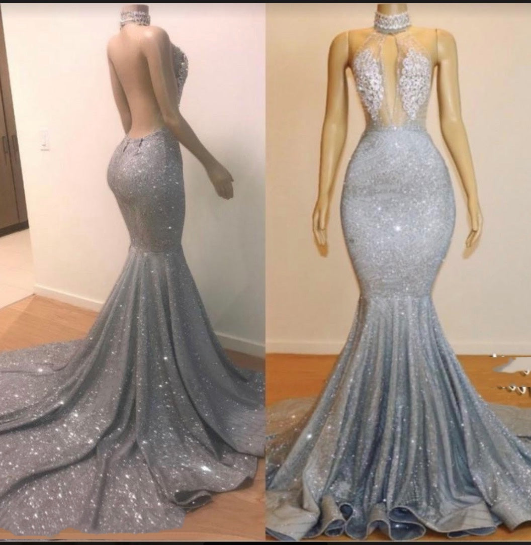 Bridesmaid Dresses Champagne, 2024 High Neck Silver Backless Sexy Mermaid Prom Dresses