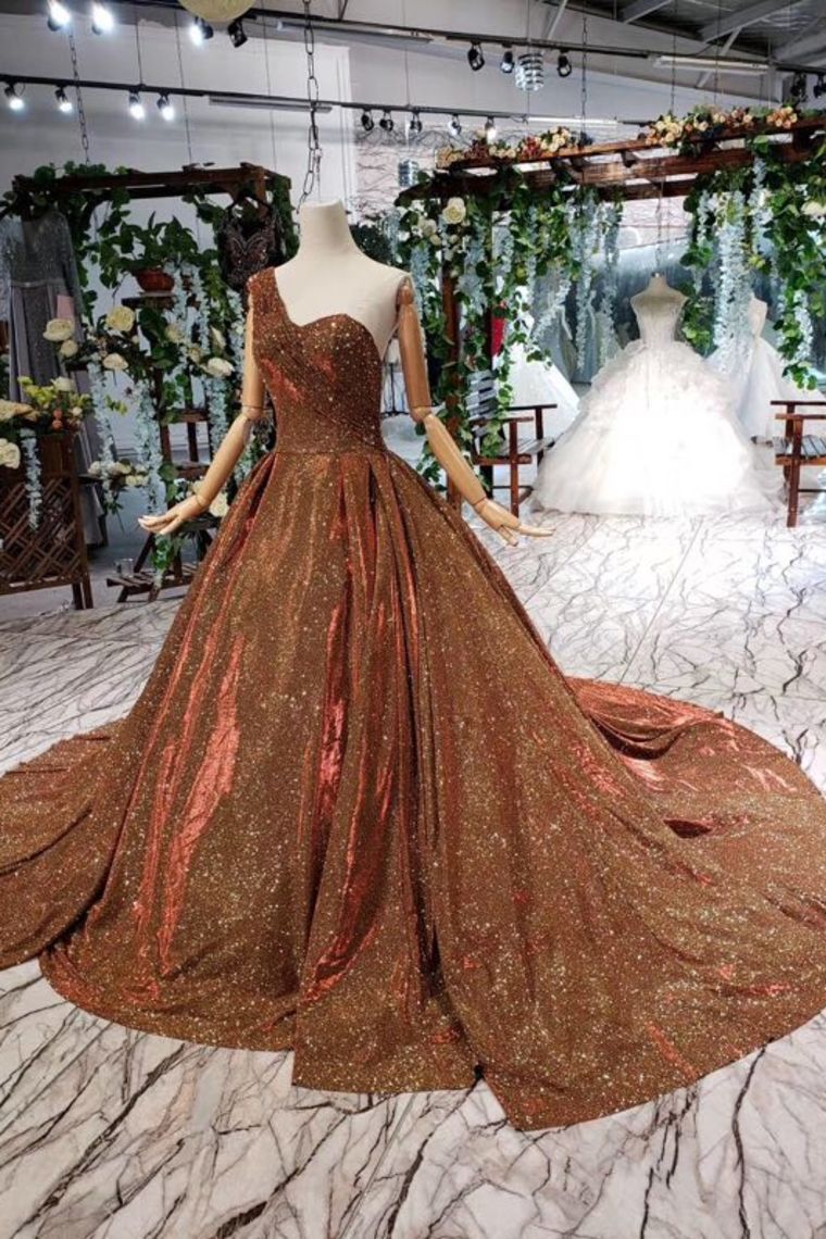 Bridesmaid Dress Online, Big Prom Dresses One Shoulder Lace Up Back Sequins Beads Quinceanera Dresses