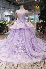 Bridesmaid Dresses Color Schemes, Lilac Ball Gown Short Sleeve Prom Dresses with Long Train, Gorgeous Quinceanera Dress