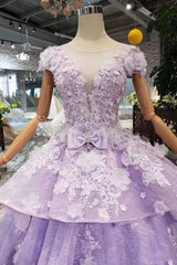 Bridesmaid Dresses Color Scheme, Lilac Ball Gown Short Sleeve Prom Dresses with Long Train, Gorgeous Quinceanera Dress